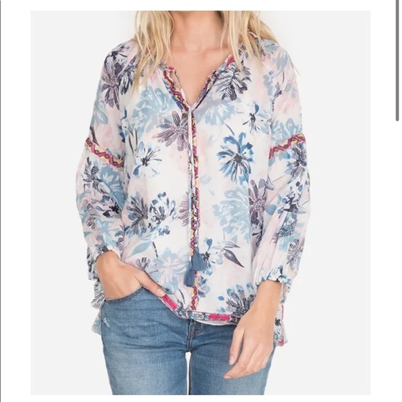 NWT! JOHNNY WAS Size XL white with blue multi peasant blouse with front tie - Picture 4 of 14